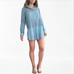 OLIPHANT Blue Chevron Print Long Sleeve Button Up Collar Tunic Shirt Cover Up M